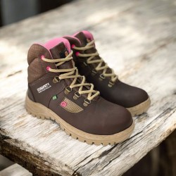 COTURNO ECOSAFETY FEMININO ADVENTURE E TRILHA DE SEGURANÇA EM COURO COM C.A PS-196 AP-210 COR TABACO/ROSA